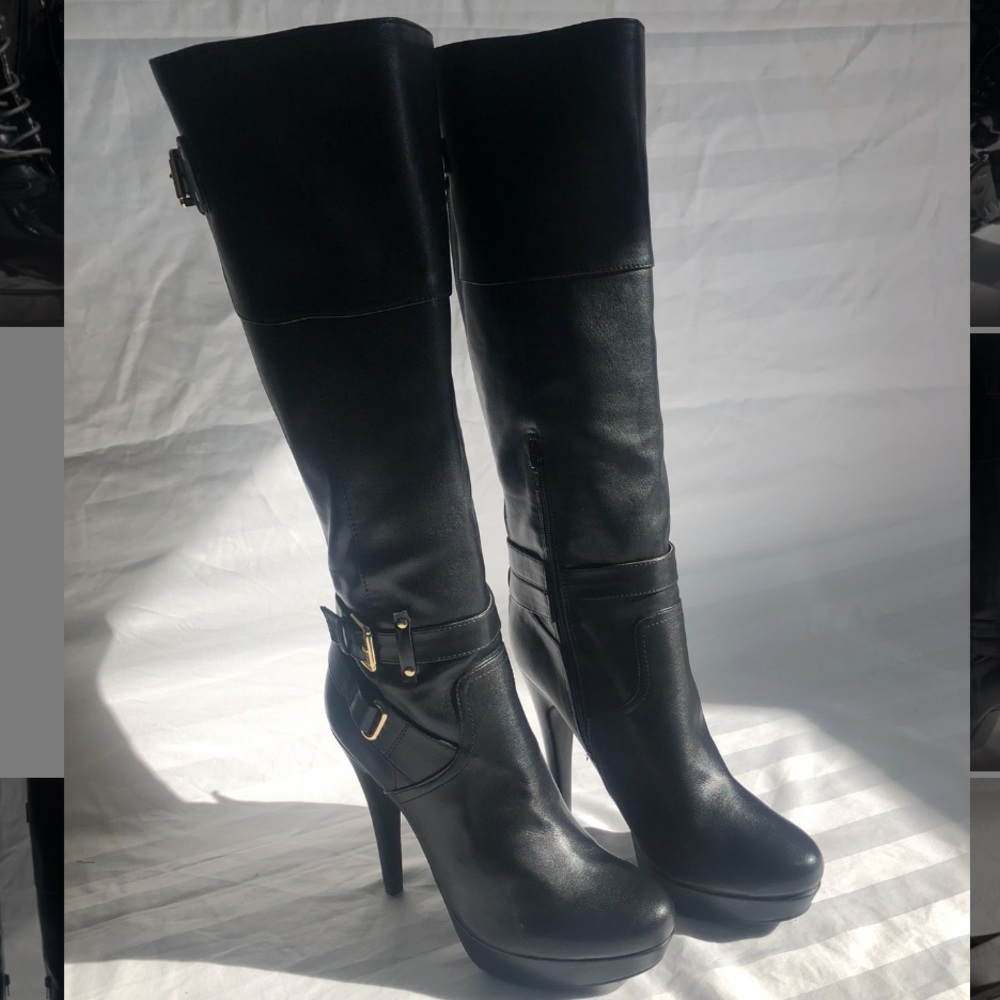 High Knee Black Leather Heel